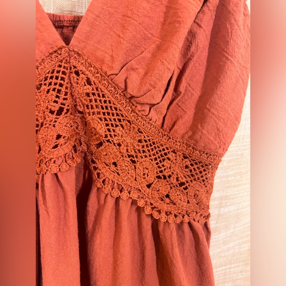 Small Rust Orange Laced Summer Flowy Short Flair Dress with Detailed Ruffling. - Picture 8 of 12